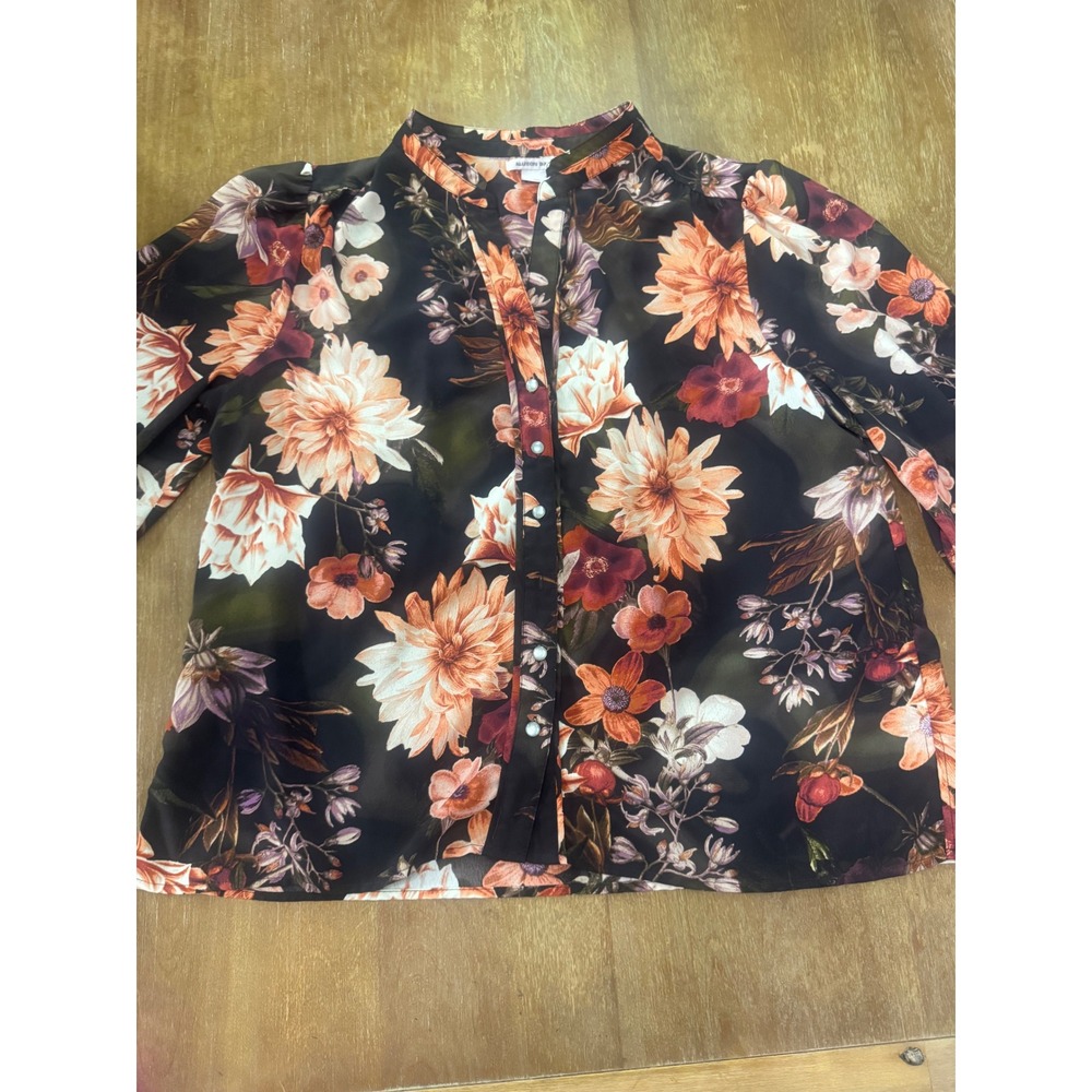 Allison Daley Floral Button Front Blouse Orange Black Autumnal Size L RN 58909